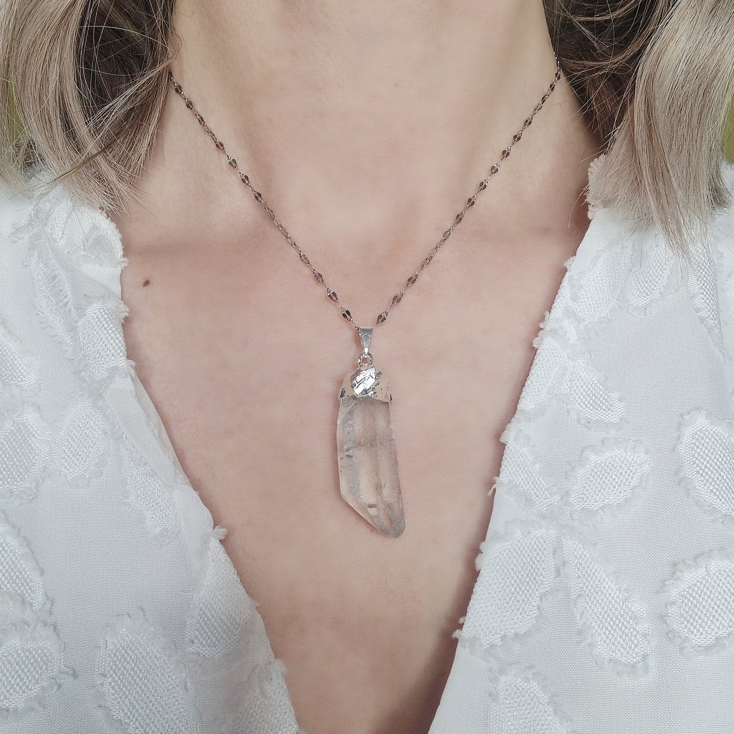 Clear Quartz Point Pendant with Necklace - silver